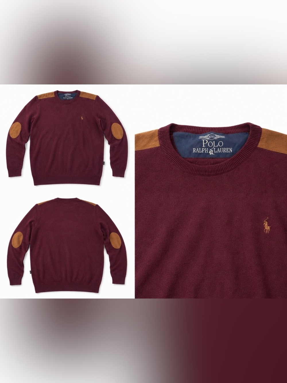 Polo by Ralph Lauren Burgundy Crewneck Sweater with Tan Suede Patches
